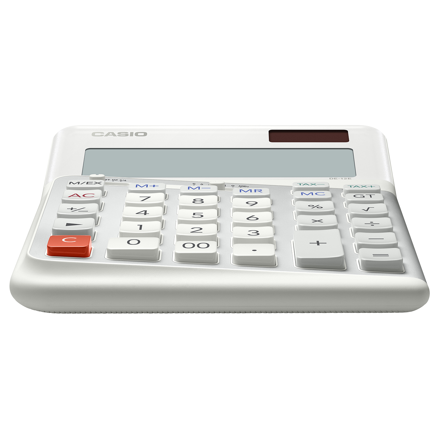 Ein weißer Casio-Taschenrechner mit großem grauen Bildschirm und vielen Tasten.