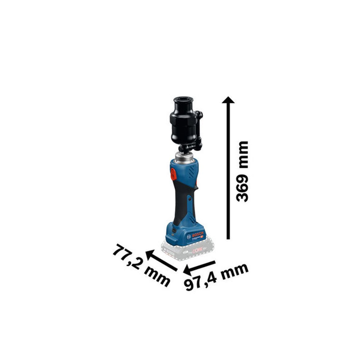 Ein blaues Bosch-Werkzeug mit schwarzem Aufsatz. Maße: 369 mm hoch, 77,2 mm und 97,4 mm breit.