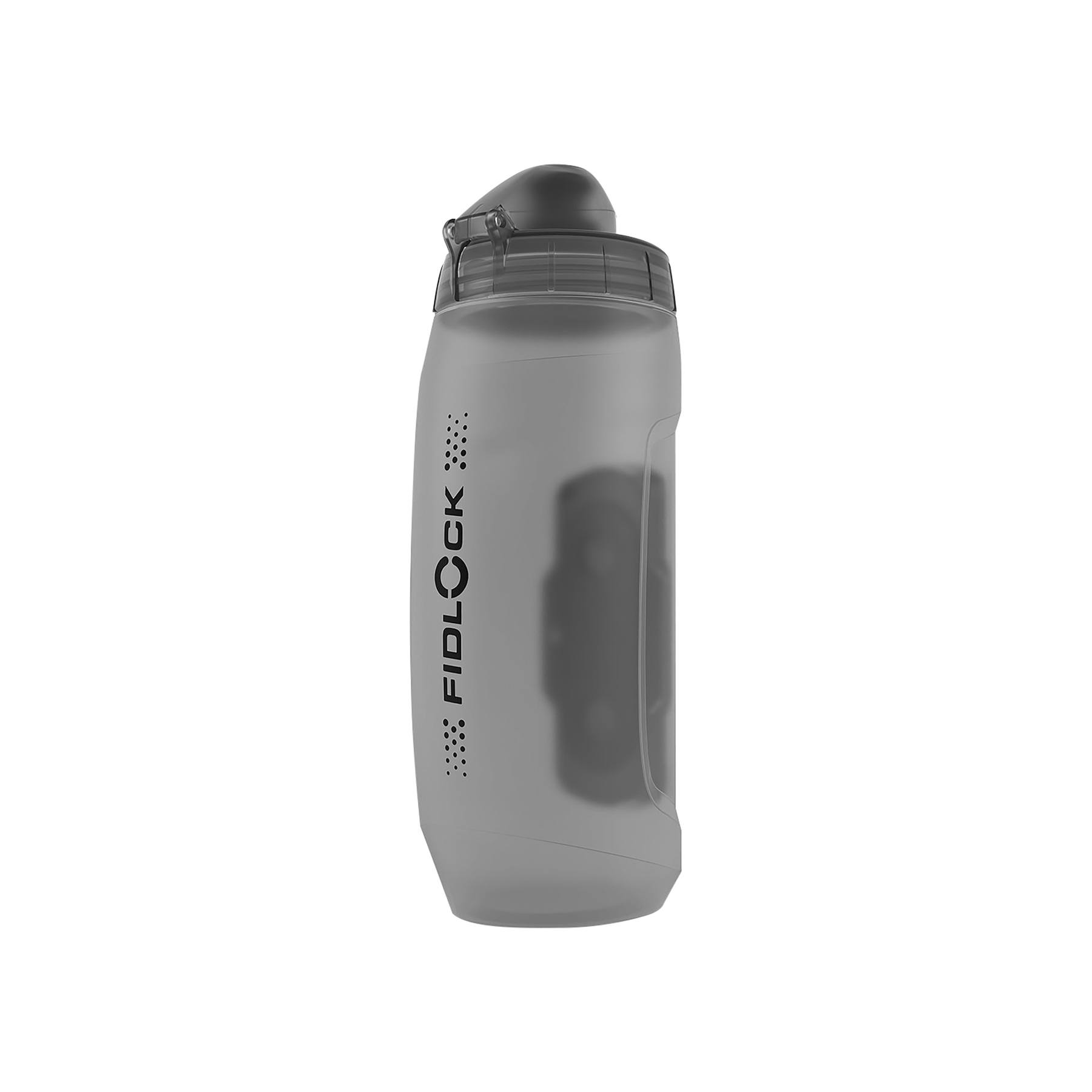 Graue FIDLOCK Trinkflasche mit schwarzem Deckel und Griff.