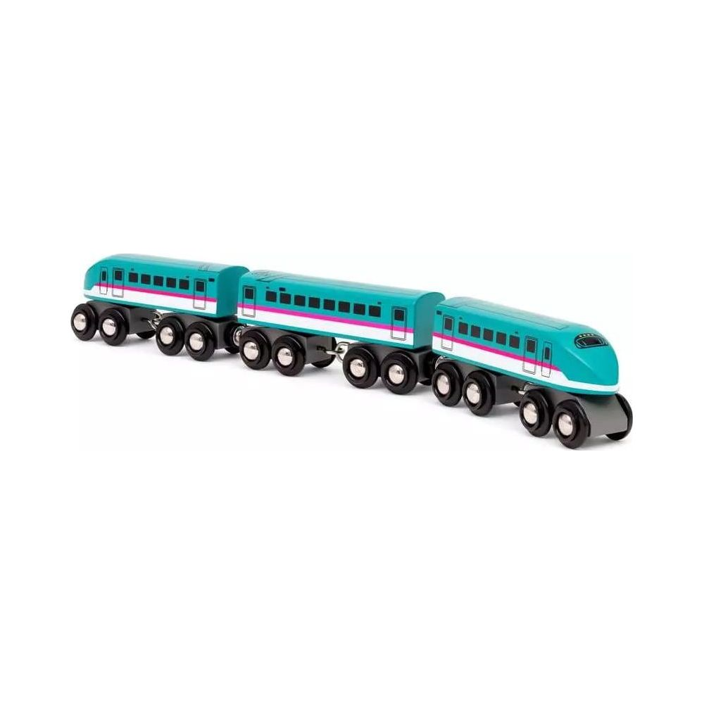 Ein türkisfarbener Spielzeugzug mit drei Waggons auf weißem Hintergrund.