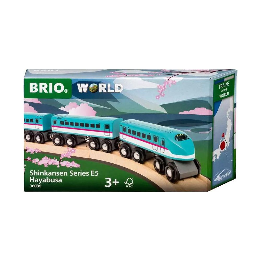 BRIO World Shinkansen E5 Hayabusa Spielzeugzug auf einer Packung.