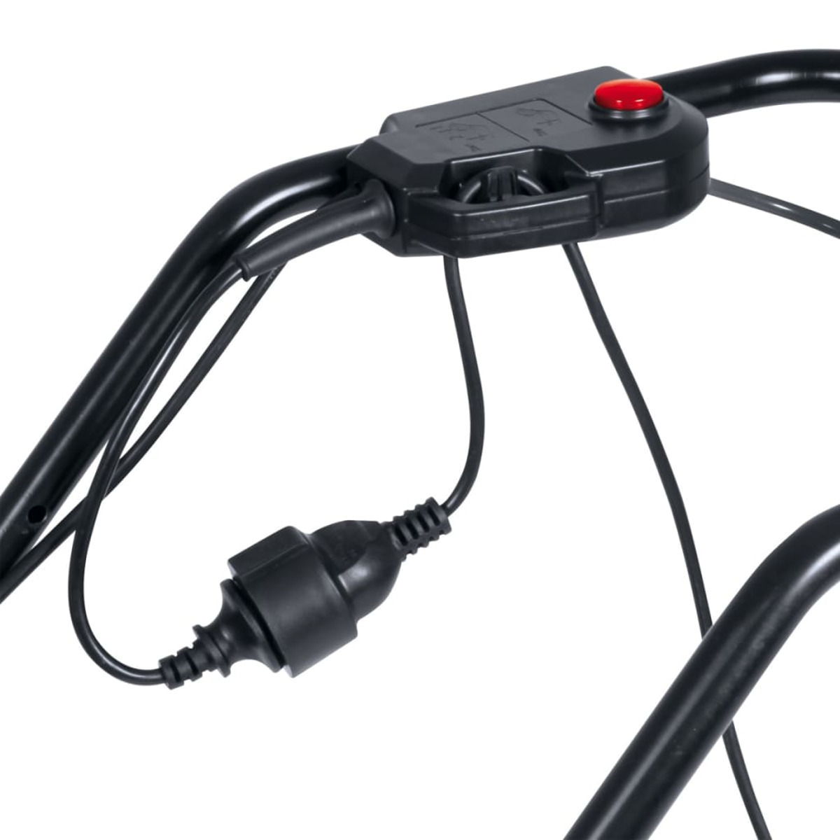 Nahaufnahme eines schwarzen Griffs mit rotem Knopf und Kabel.