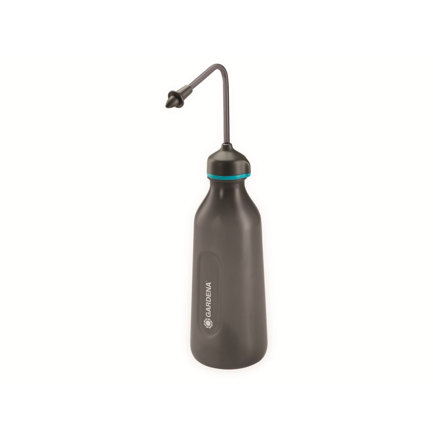 Graue Sprühflasche mit gebogenem Sprüharm und schwarzer Düse.
