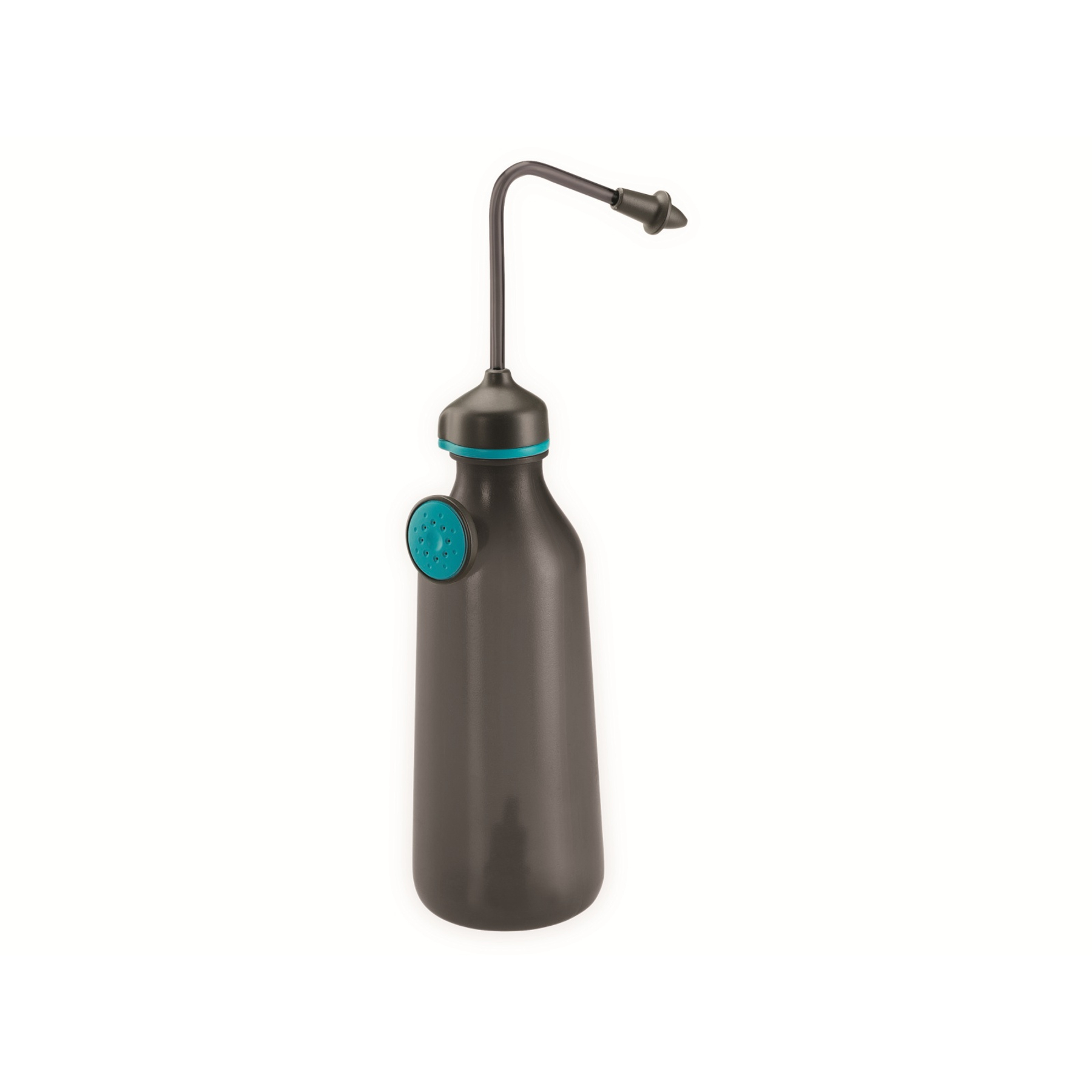 Dunkelgraue Sprühflasche mit blauem Sprühkopf und gebogenem Auslauf.
