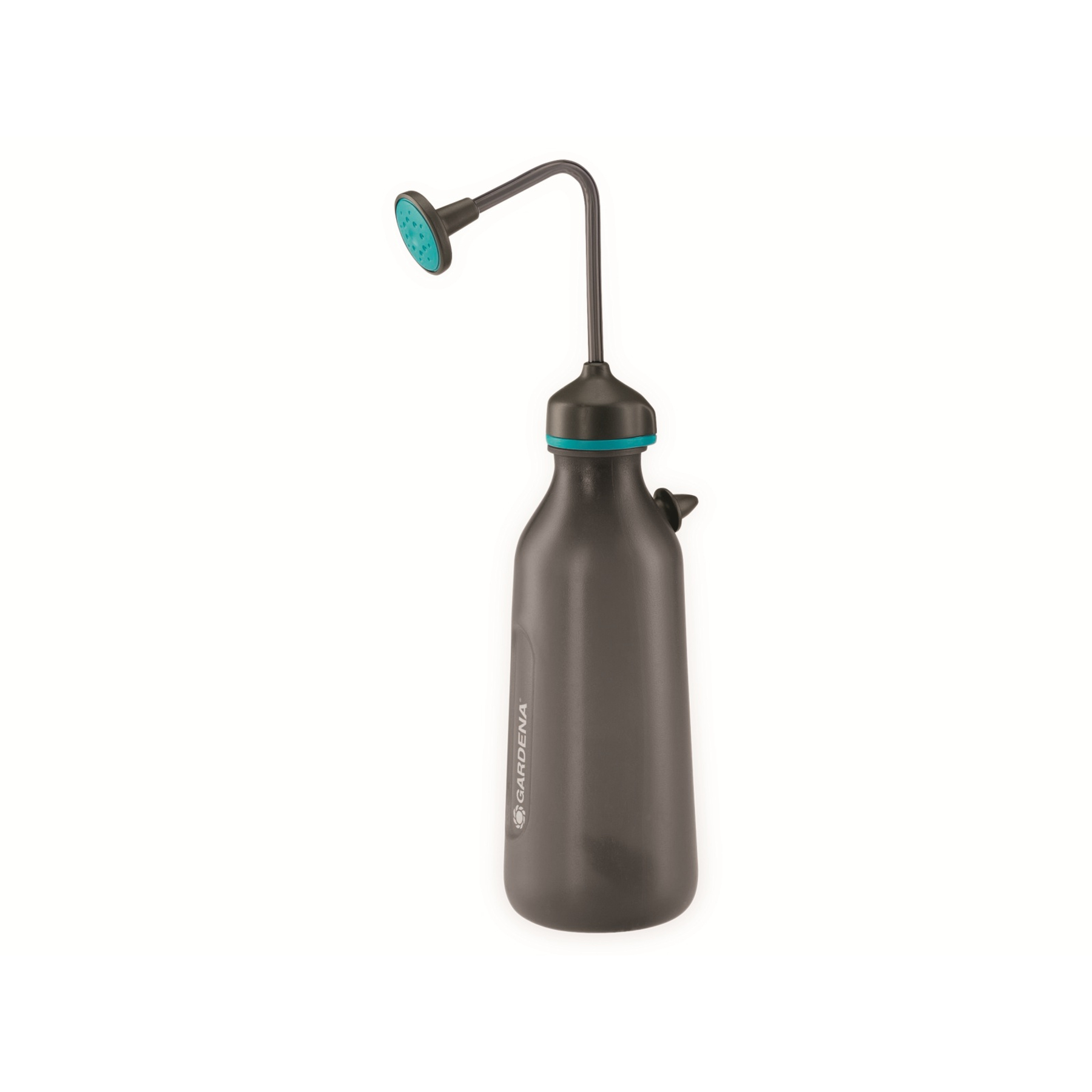 Graue Sprühflasche mit blauem Duschkopf und Griff.