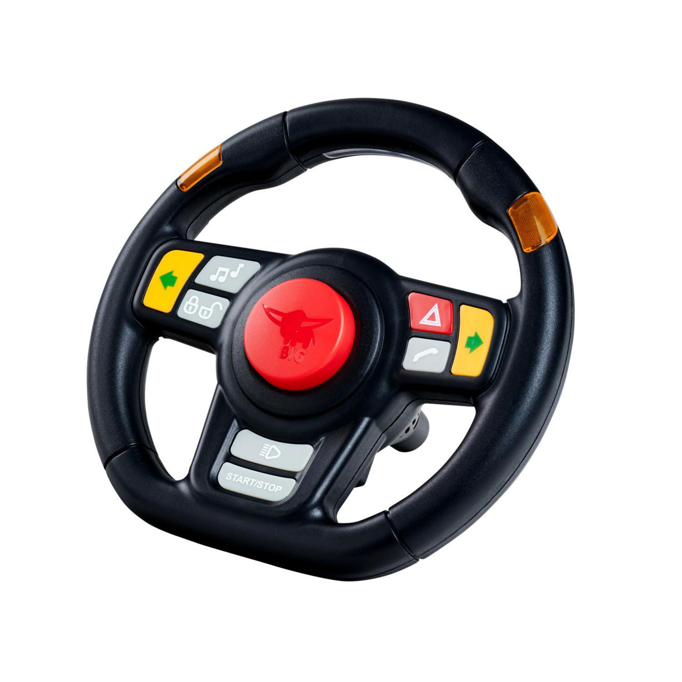 Ein schwarzes Spielzeuglenkrad mit roten und gelben Knöpfen.