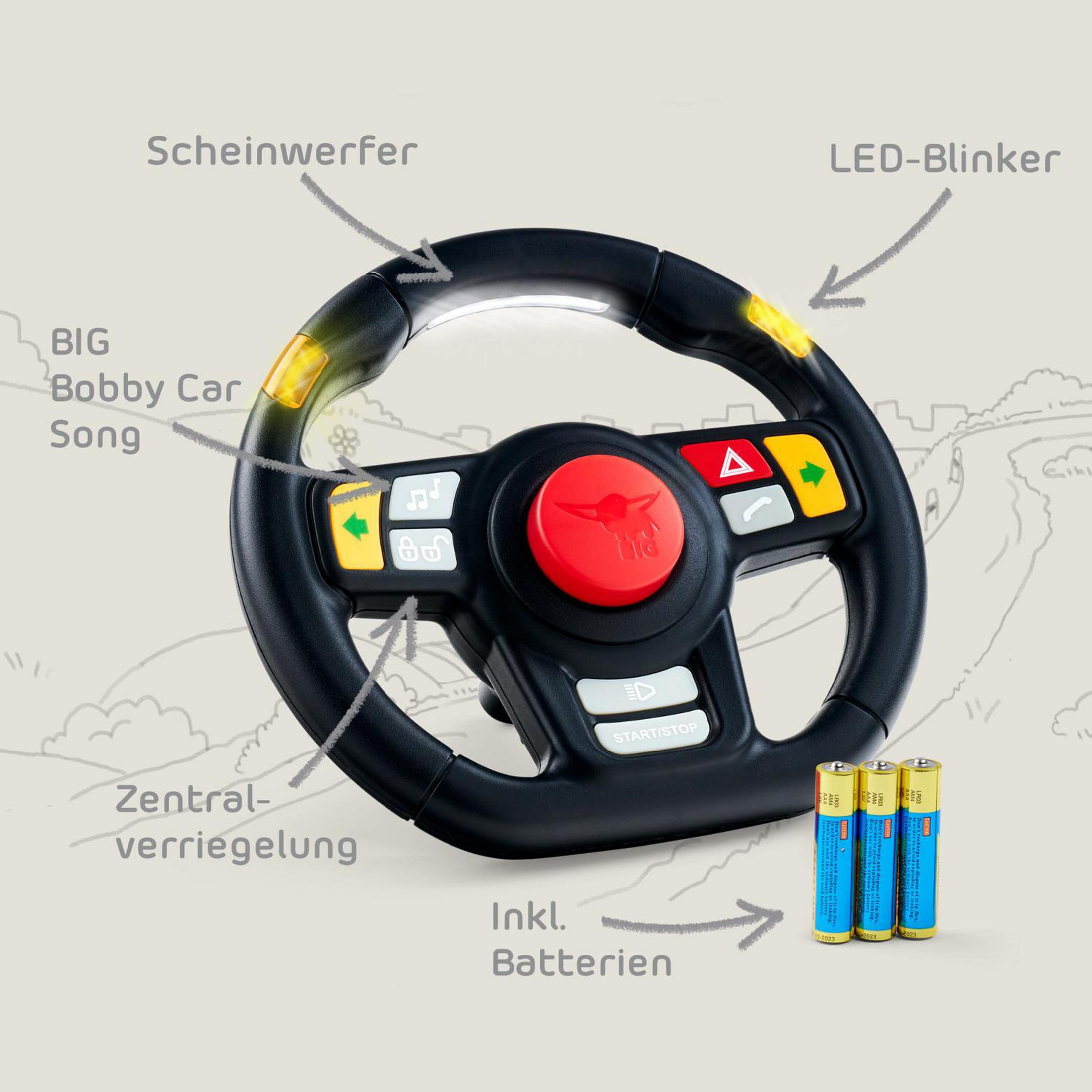 Ein Lenkrad mit Tasten, Lichtern und Batterien, das auf einem gezeichneten Hintergrund liegt.