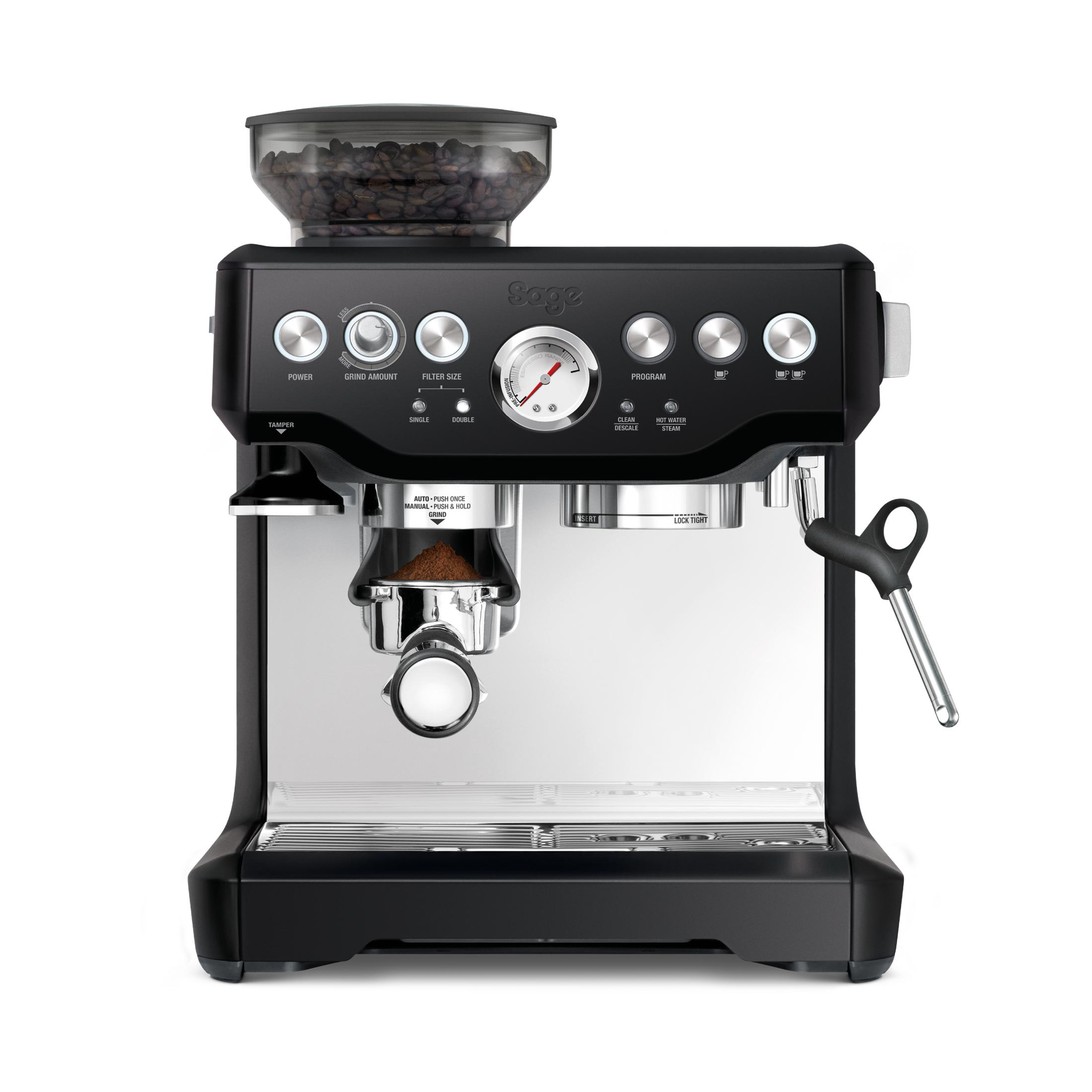 Schwarze Espressomaschine mit Bohnenbehälter, Siebträger und Bedienknöpfen.