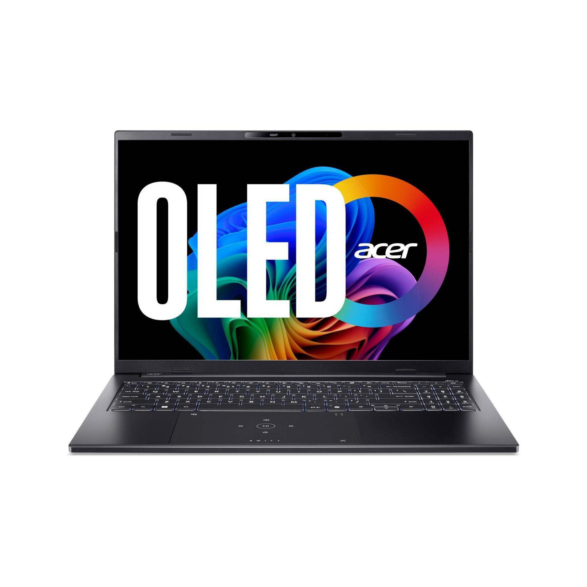 Schwarzer Laptop mit beleuchteter Tastatur und "OLED"-Logo auf dem Bildschirm.