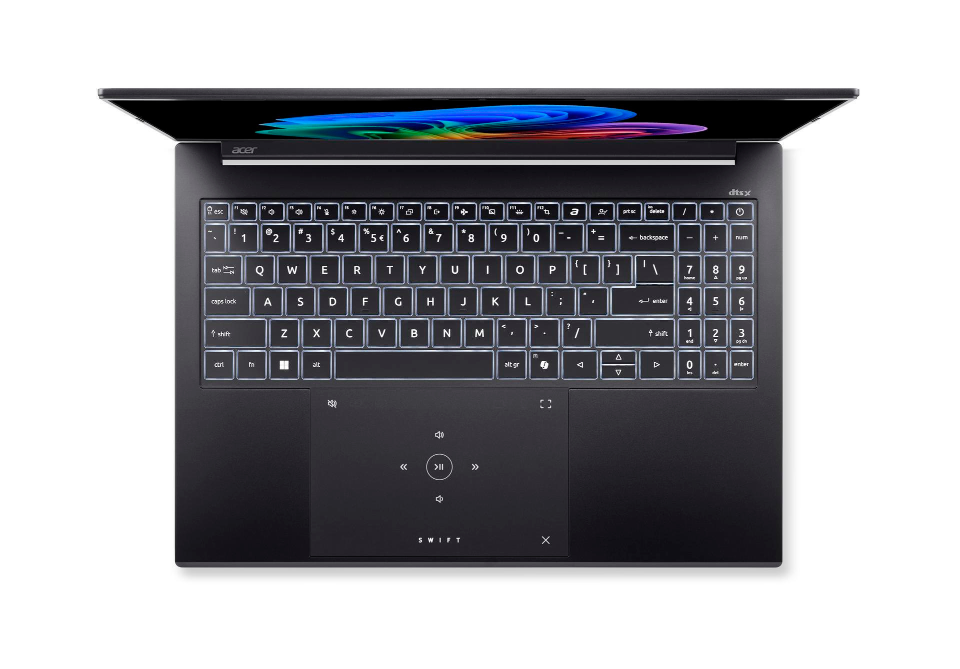 Draufsicht auf einen geöffneten schwarzen Acer Swift Laptop mit buntem Bildschirm und beleuchteter Tastatur.