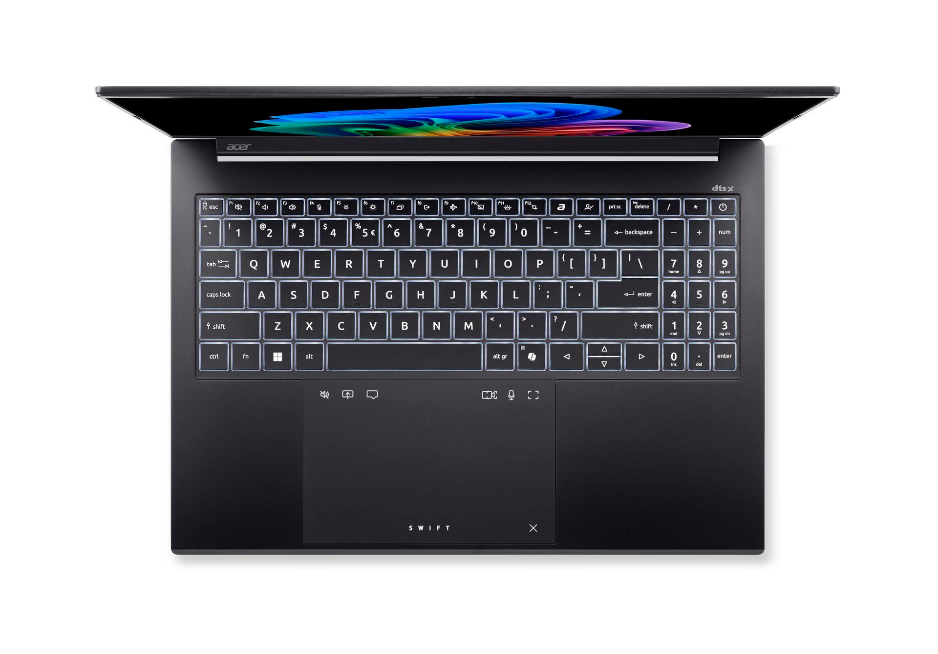 Ein offener schwarzer Laptop mit beleuchteter Tastatur und farbigem Bildschirm.