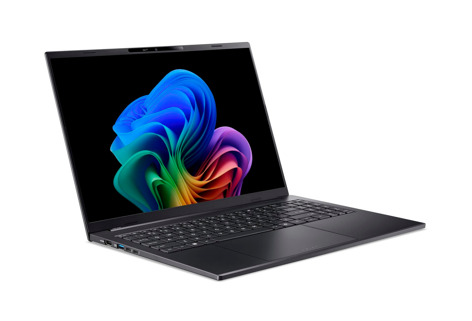 Ein dunkelgraues, geöffnetes Notebook zeigt einen farbenfrohen, abstrakten Wirbel auf dem Bildschirm. Die Tastatur ist sichtbar.
