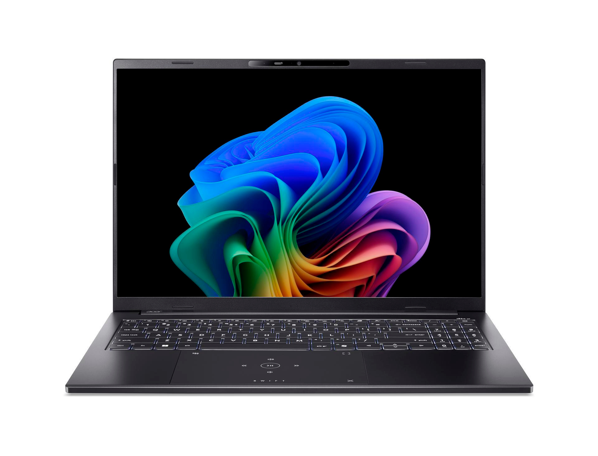 Ein schwarzer Laptop mit einem bunten, abstrakten Bildschirmschoner auf dem dunklen Bildschirm.