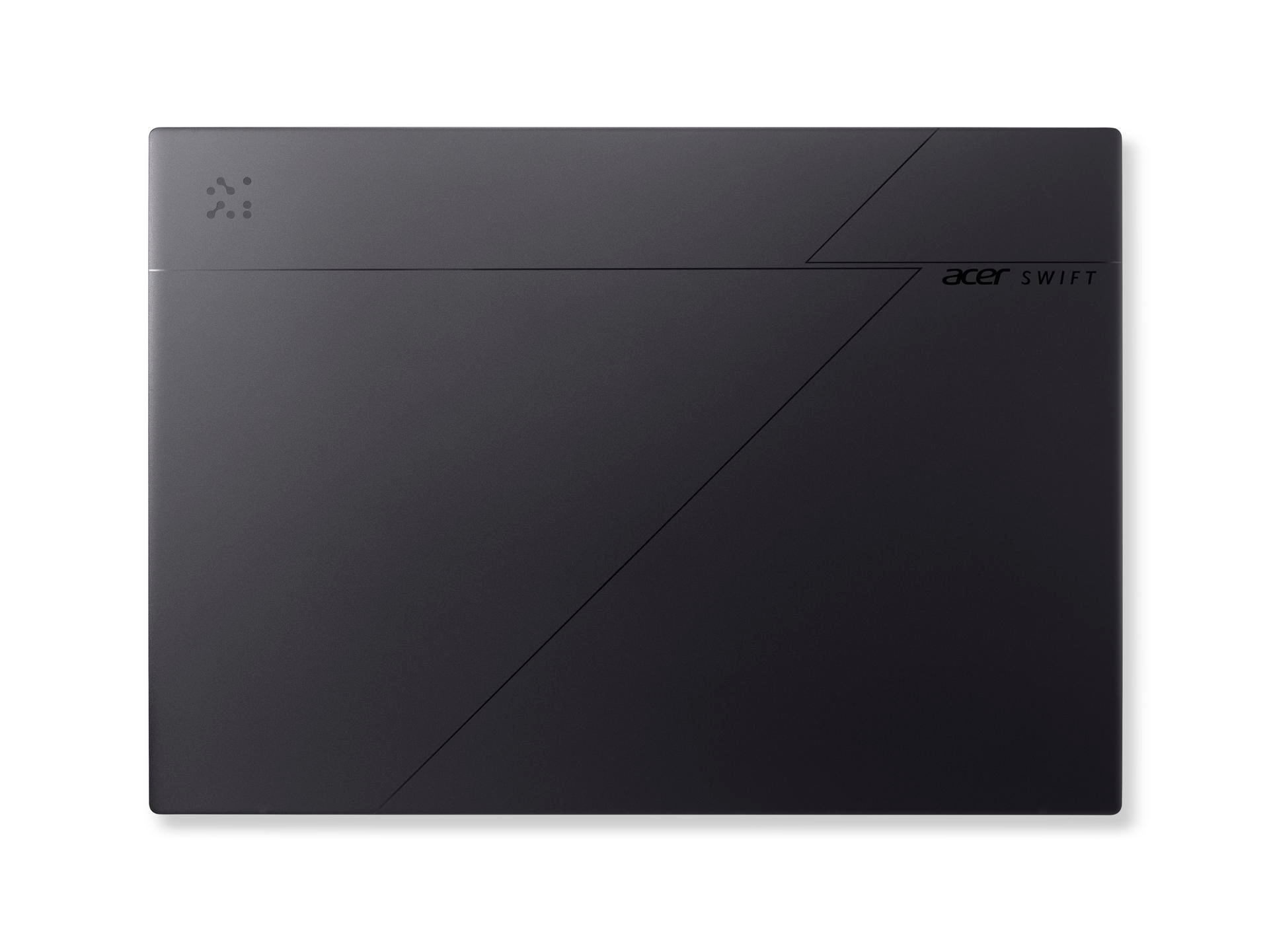 Dunkelgraues Acer Swift Laptopgehäuse mit geometrischen Linien und Logo.