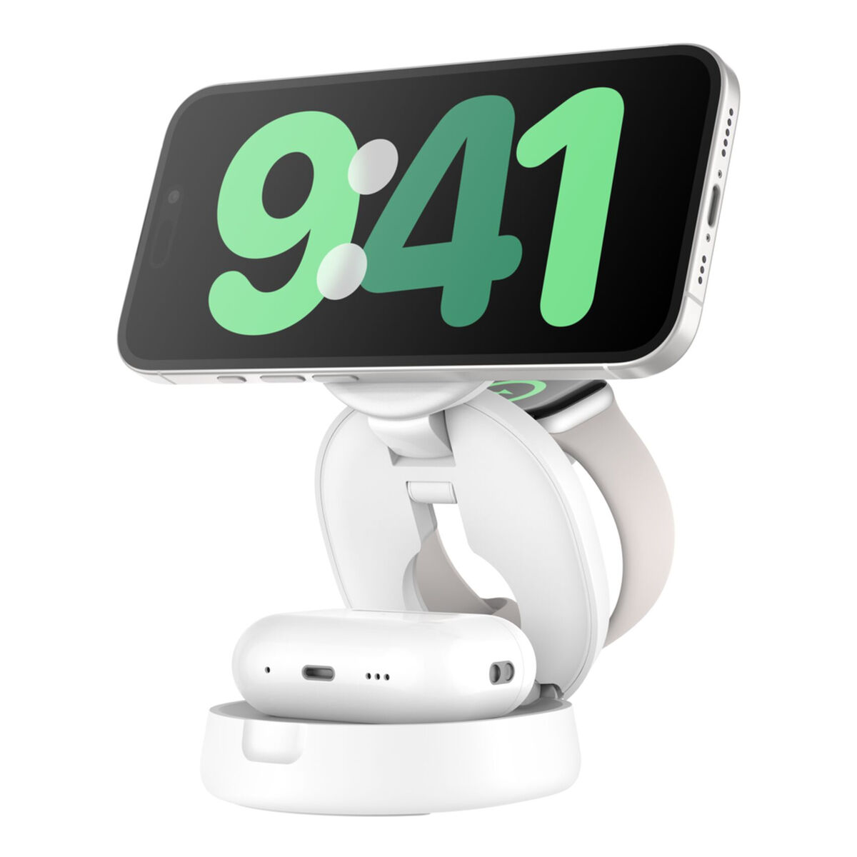 Ein weißes Ladegerät mit iPhone, Apple Watch und AirPods-Ladecase.