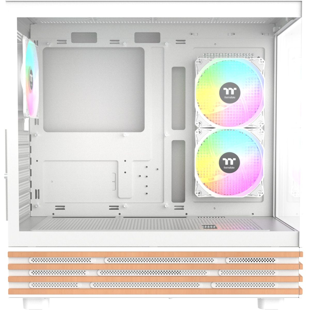 Ein weißes Computergehäuse mit RGB-Lüftern und Lüftungsschlitzen.