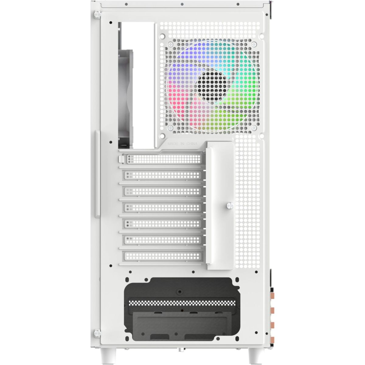 Rückseite eines weißen Computergehäuses mit RGB-Lüfter und Lüftungsschlitzen.