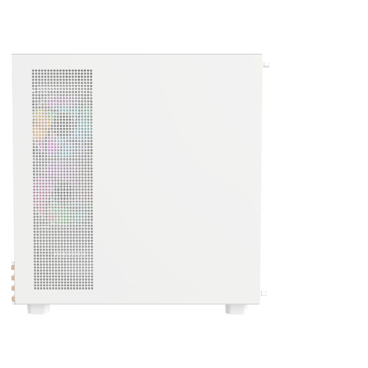 Weiße PC-Gehäusefront mit Lochmuster und bunten Lichtern. Seitenteil aus Metall.