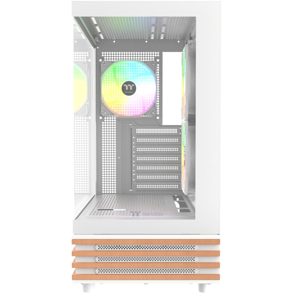 Ein weißes Computergehäuse mit einer RGB-Lüfterfront und Holzverzierungen.