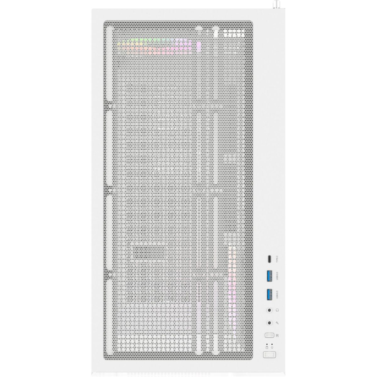 Ein weißes Computergehäuse mit perforierter Front und RGB-Beleuchtung.