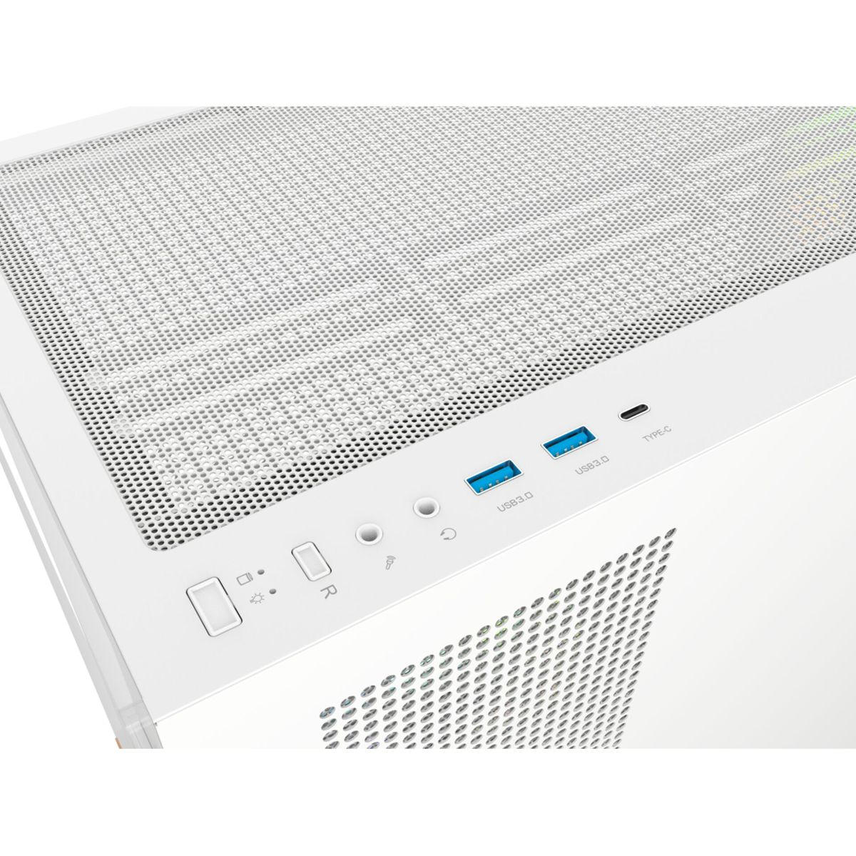 Weiße PC-Gehäusefront mit USB- und Typ-C-Anschlüssen.