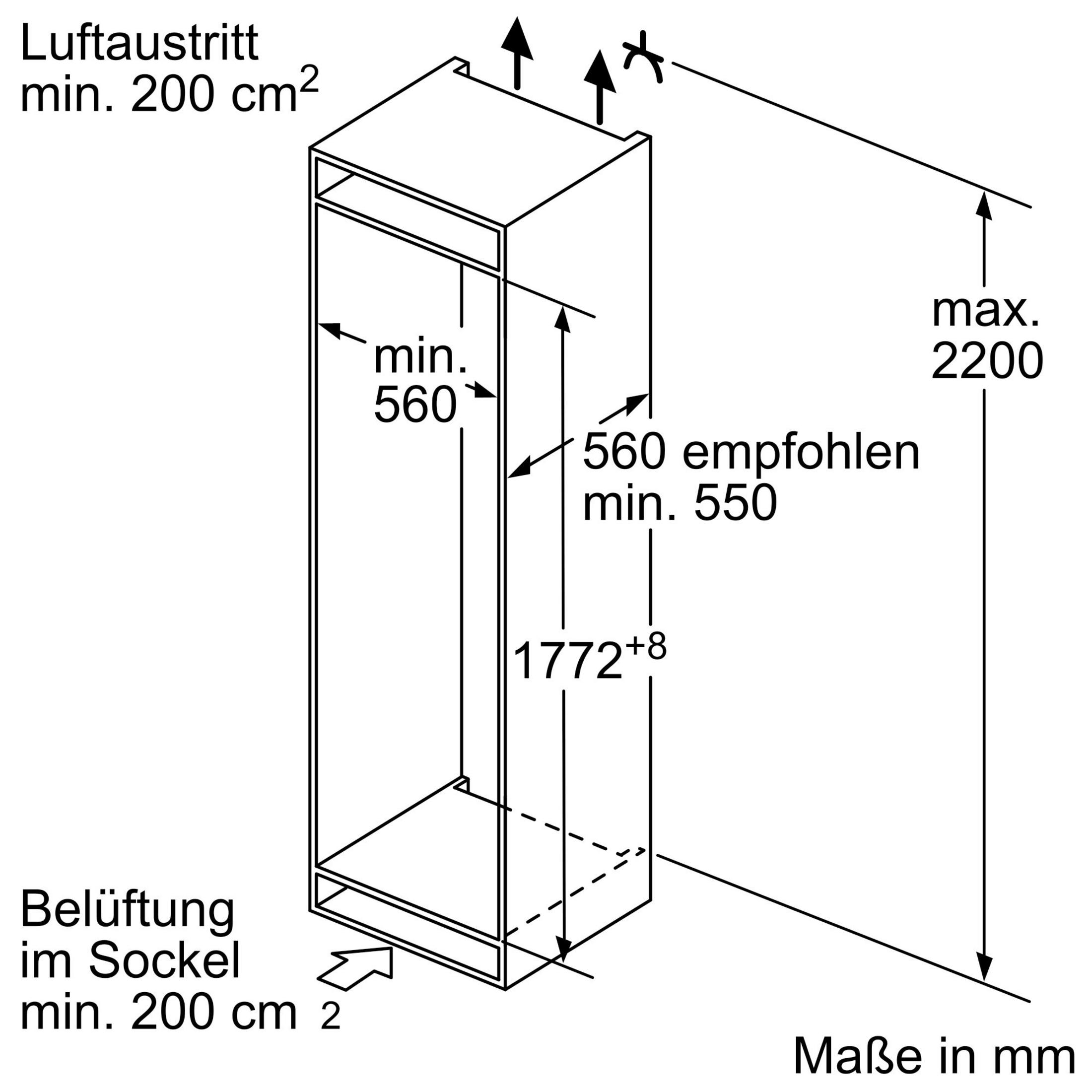 Technische Zeichnung mit Maßen für Lüftung und Einbau.