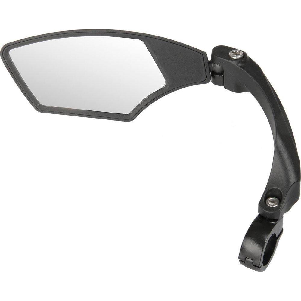 Ein schwarzer Motorradspiegel mit einem sechseckigen Spiegelglas und verstellbarem Arm.