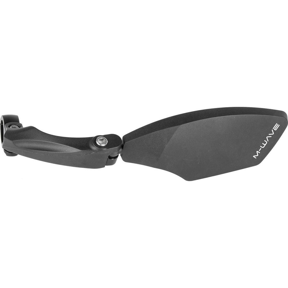 Schwarzer Fahrradspiegel mit verstellbarem Arm und M-Wave-Logo.