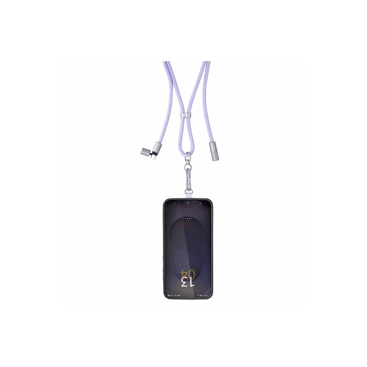 Ein Smartphone mit einem Lavendel-Lanyard hängt an einem Metallring.