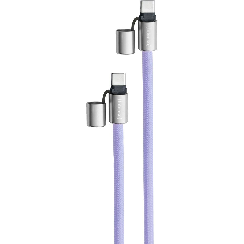 Zwei lila USB-C-Kabel mit silbernen Kappen und Intenso-Logo.