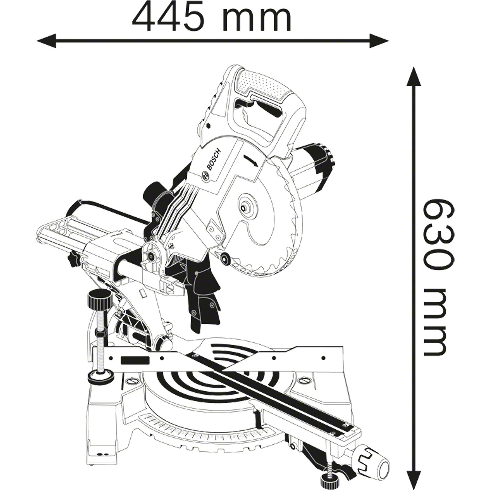 Technische Zeichnung einer Bosch-Kapp- und Gehrungssäge mit Maßen 445 mm und 630 mm.