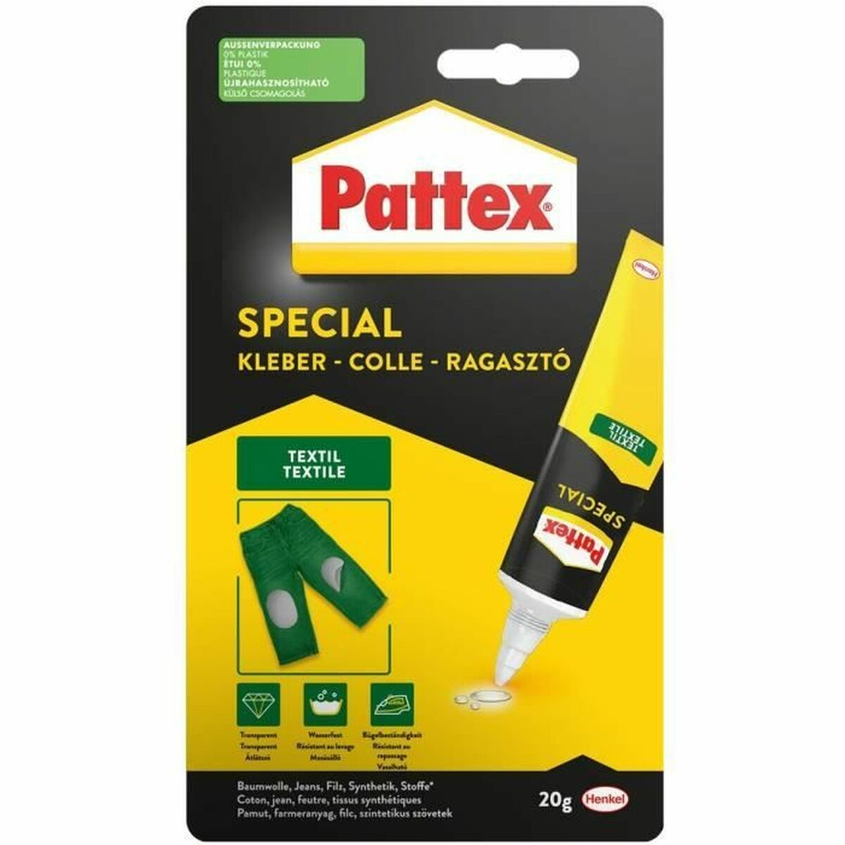 Pattex Textil Spezial Kleber mit Motiv aus Jeans und Applikationshilfe. 20g.