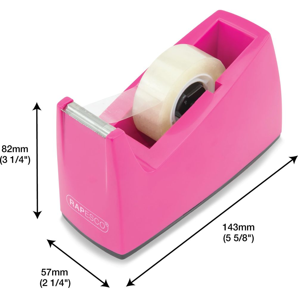 Ein pinker Klebebandabroller mit Maßen.