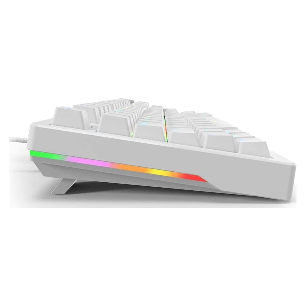 Eine weiße Tastatur mit RGB-Beleuchtung an der Unterseite. Nahaufnahme.