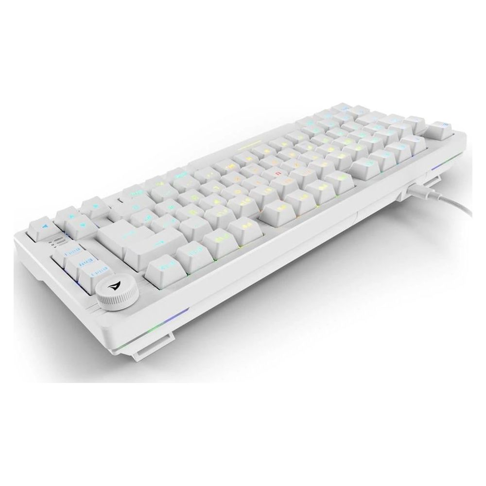 Weiße mechanische Tastatur mit RGB-Beleuchtung und Drehregler.