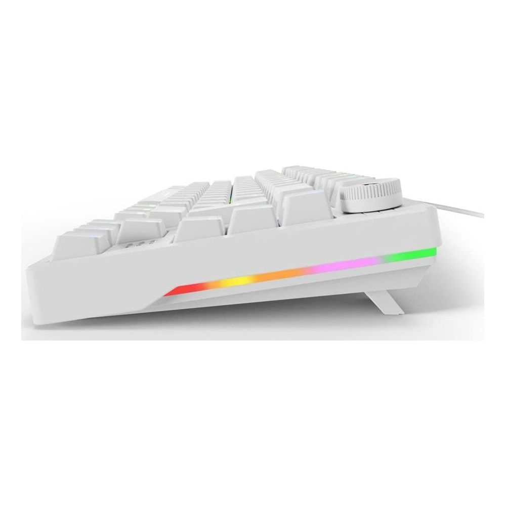 Weiße Tastatur mit RGB-Beleuchtung und Drehregler, Seitenansicht.