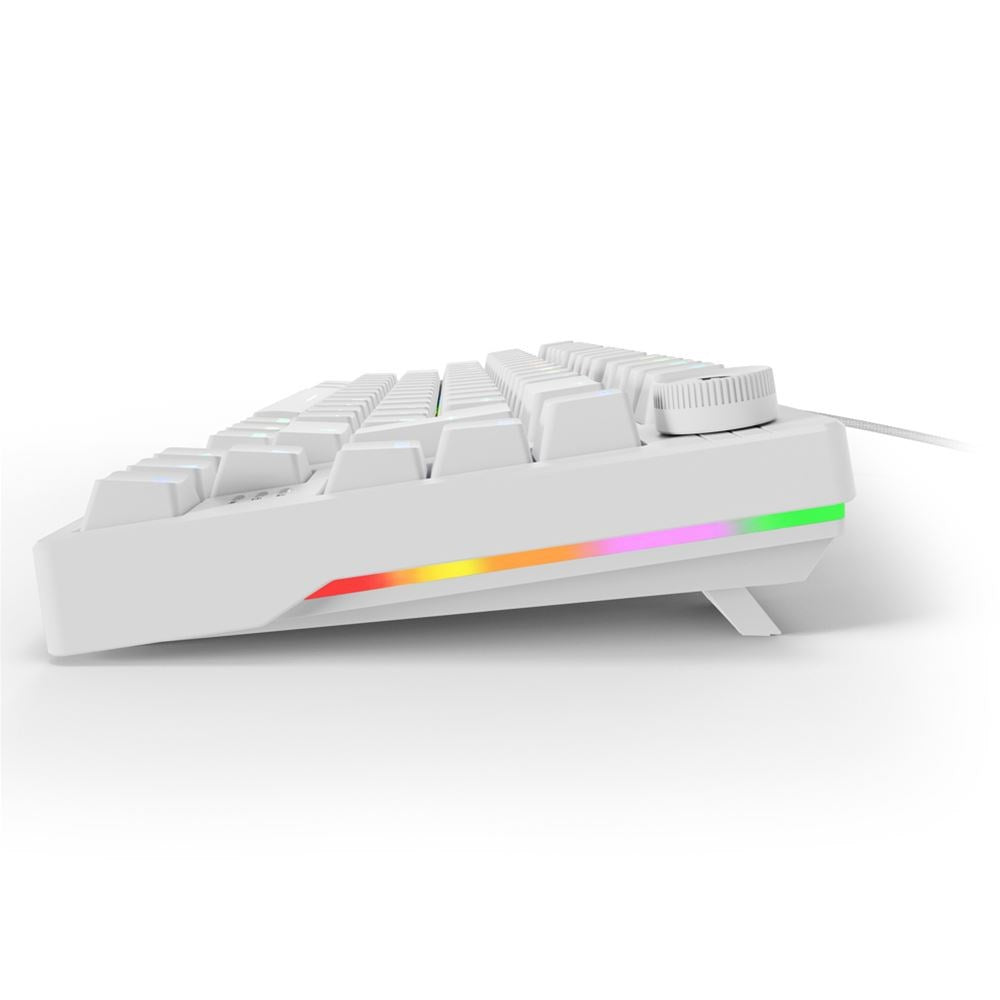 Eine weiße Tastatur mit RGB-Beleuchtung an der Unterseite und einem Drehregler oben.