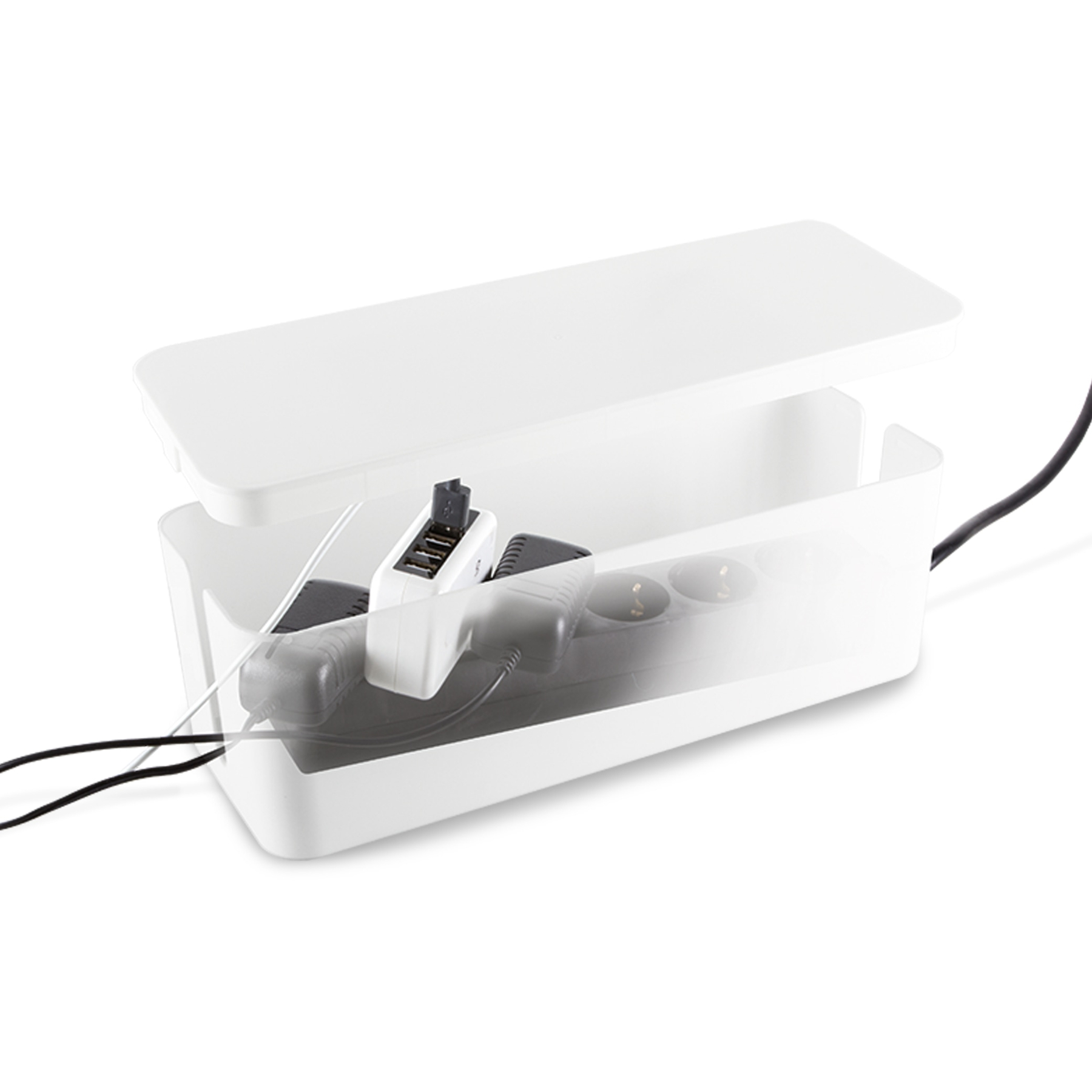 Weiße Kabelbox mit Netzteil, USB-Hub und Steckdosenleiste im Inneren.