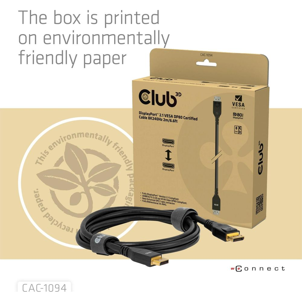 Club 3D DisplayPort 2.1 Kabel auf umweltfreundlicher Verpackung.