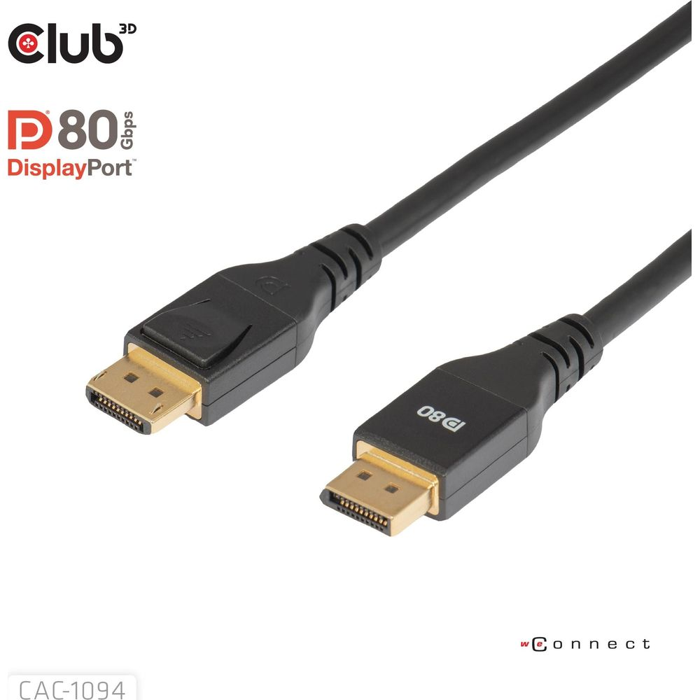 Zwei schwarze DisplayPort-Kabel mit Goldanschlüssen. Club 3D Logo sichtbar.
