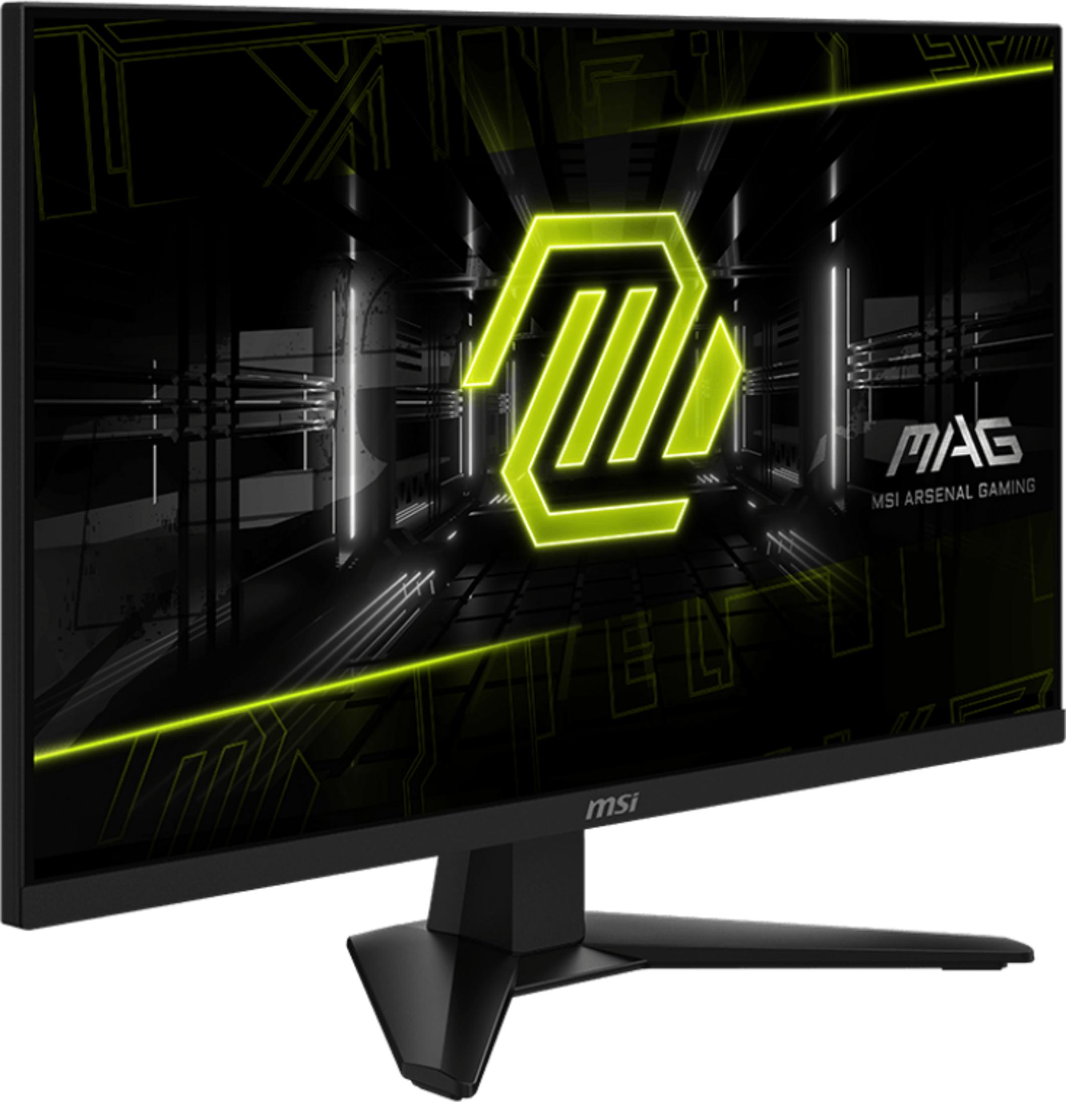 Ein MSI Gaming-Monitor mit einem neon-grünen Logo und futuristischem Hintergrund.