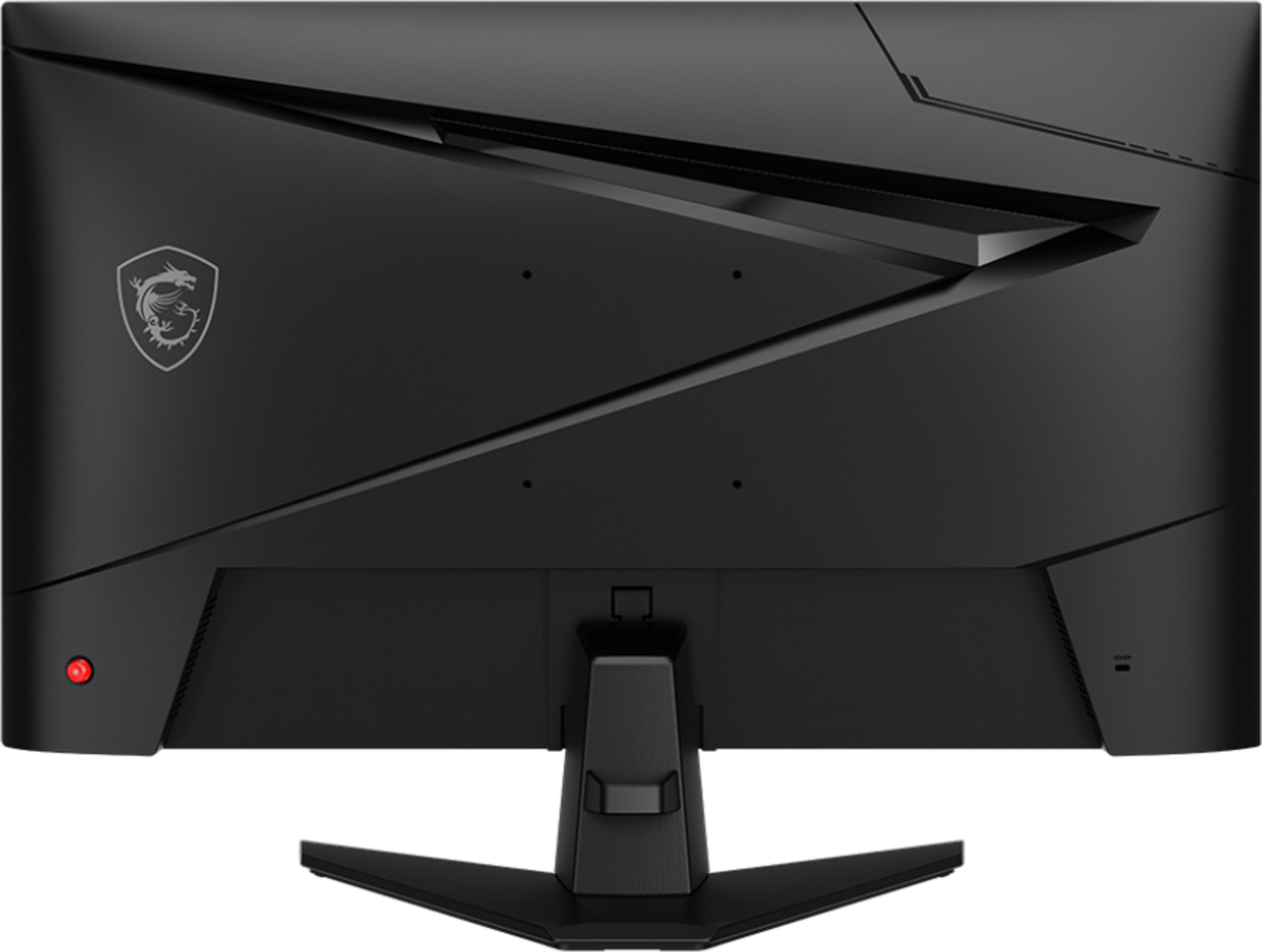 Rückseite eines schwarzen Monitors mit MSI-Logo und rotem Knopf.