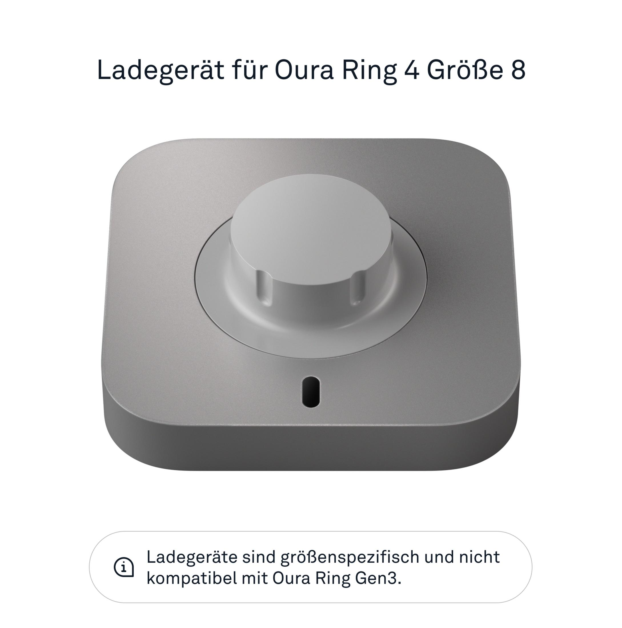 Oura Ring 4, 8 numara için gri şarj cihazı, şarj pedi ve göstergeli.