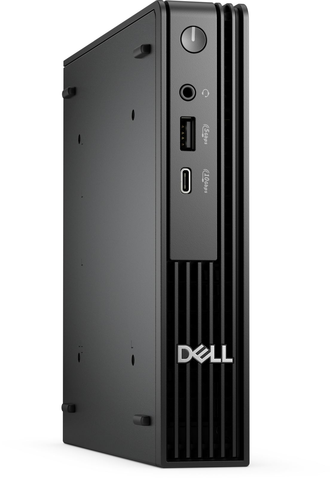 Mini PC Dell nero con porte USB e cuffie sul davanti.