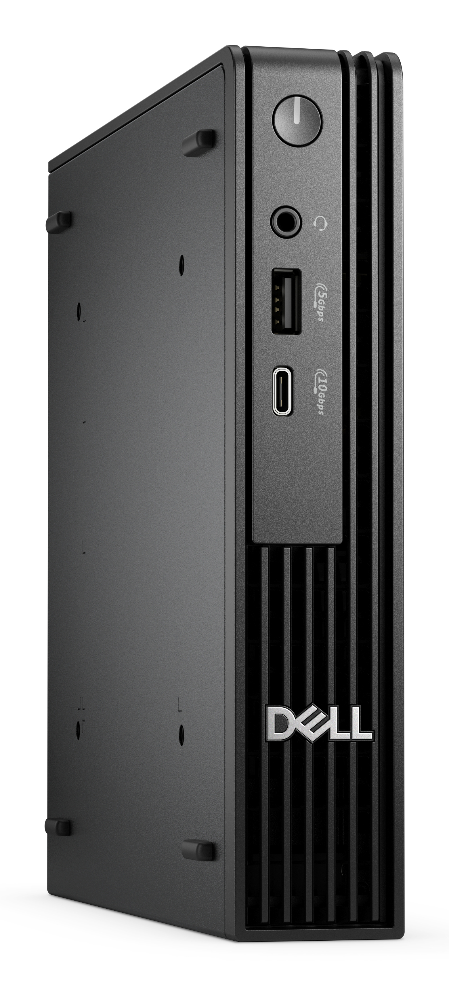 Mini PC Dell nero con porte anteriori e fessure di ventilazione.