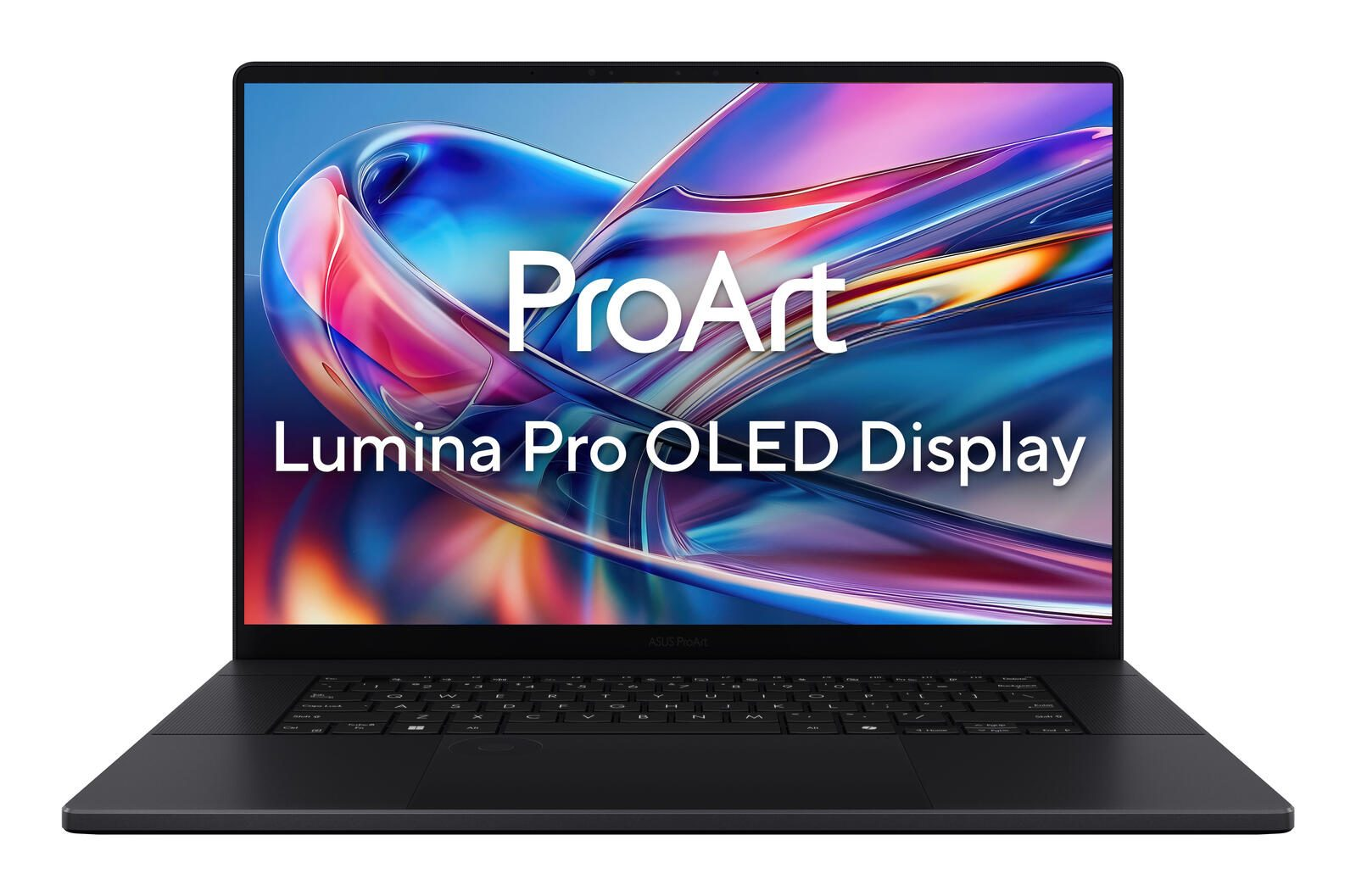 Ein schwarzer Laptop mit einem farbenfrohen, abstrakten Hintergrund auf dem Bildschirm.
