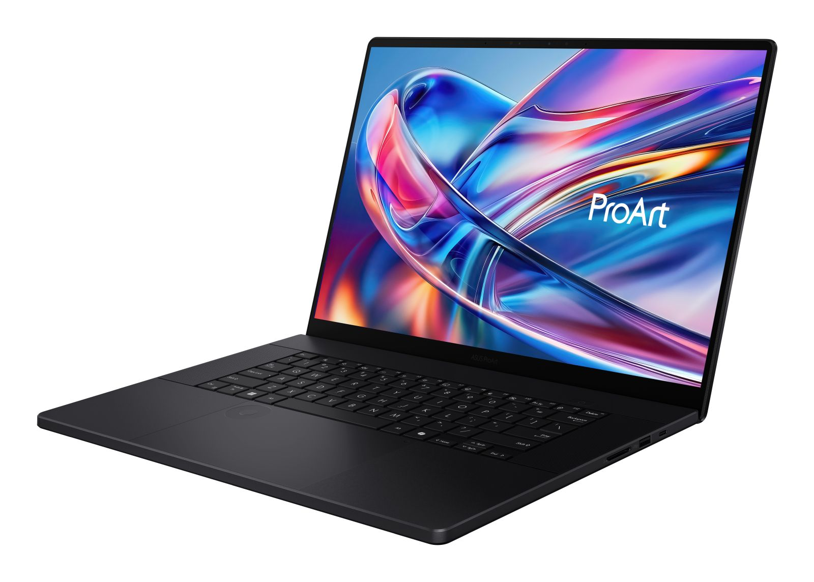 Schwarzer Laptop mit ProArt-Logo auf dem Bildschirm, der ein farbenfrohes, abstraktes Muster zeigt.