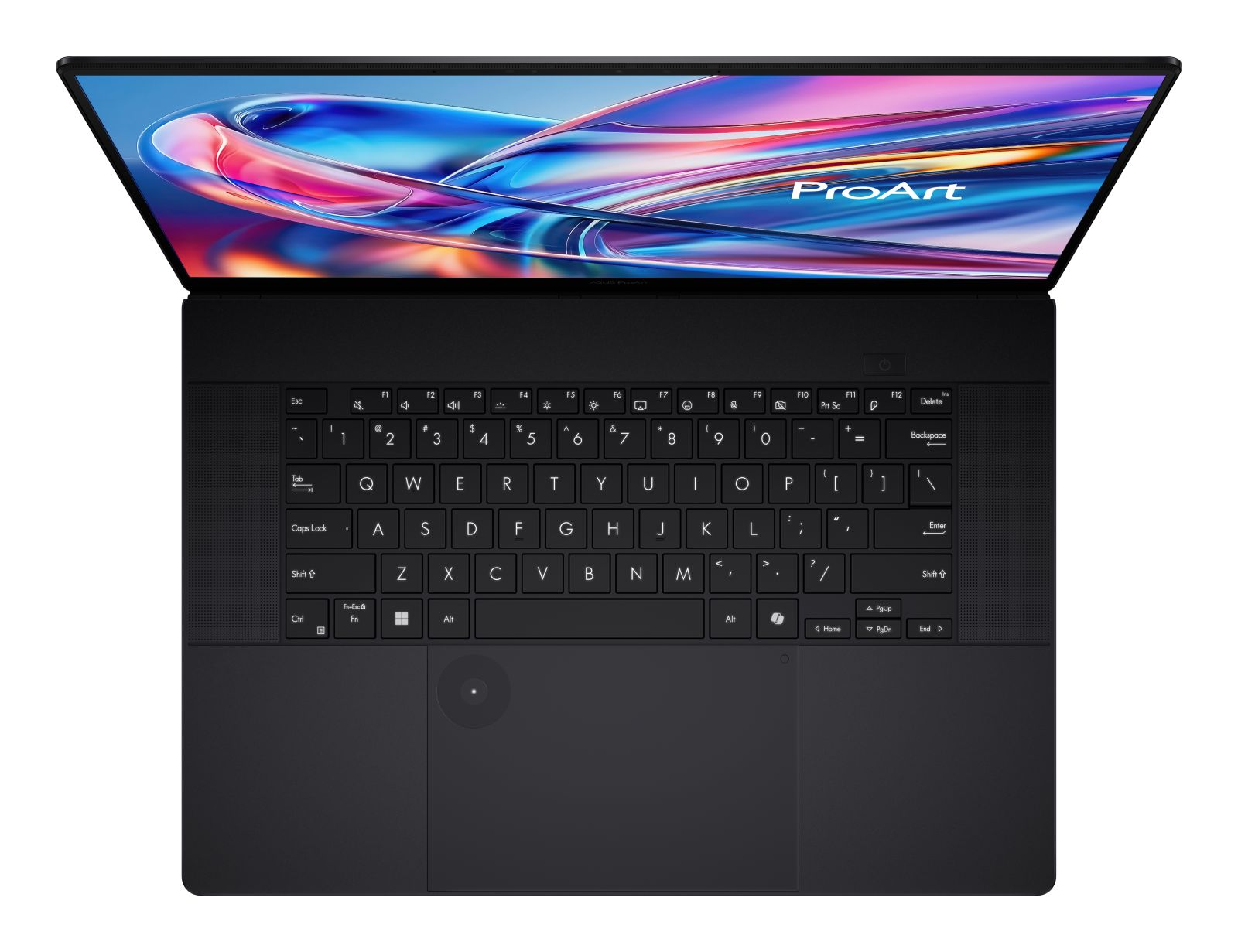 Schwarzer Laptop mit geöffnetem Bildschirm, der ein farbenfrohes abstraktes Design zeigt.