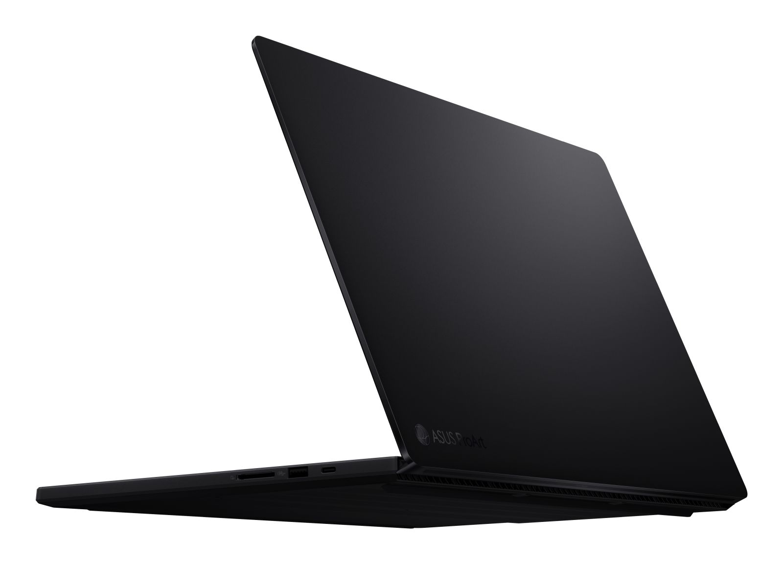 Schwarzer Laptop mit geöffnetem Deckel, von der Seite mit Anschlüssen gezeigt.