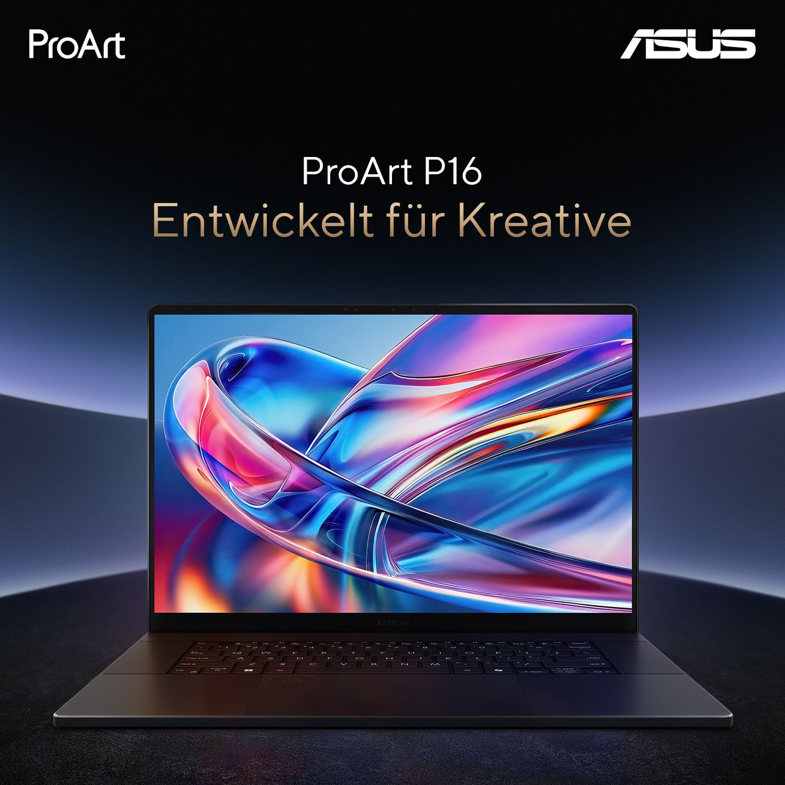 Ein ASUS ProArt P16 Laptop mit buntem Hintergrundbild auf dem Bildschirm.